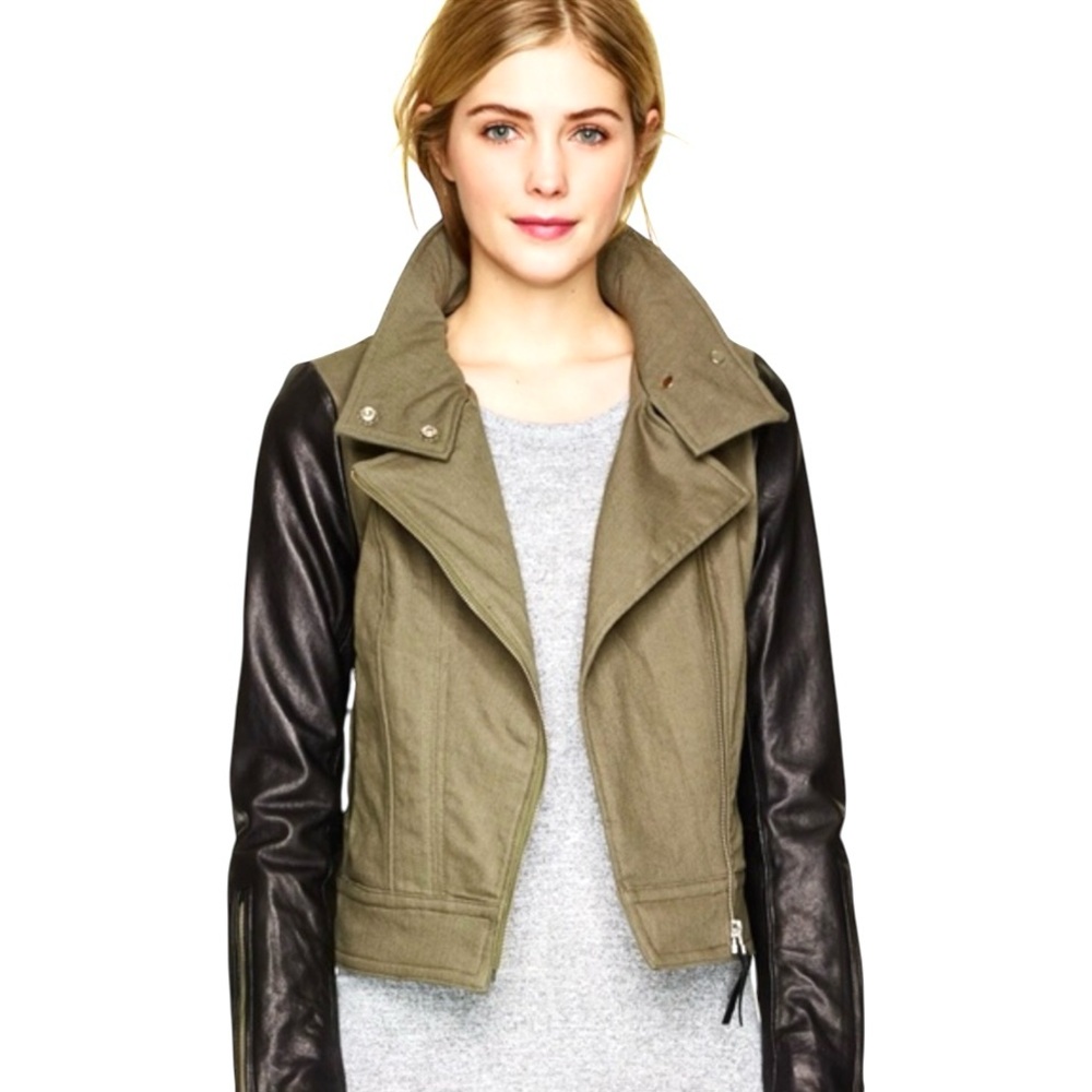 MACKAGE Girl Luxury Tan Moto Jacket‎ Peacoat Canvas Body Lambskin Leather Sleeve